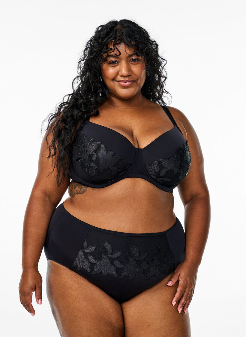 Microvezel slips met bloemenborduursel, Zwart, Model image number 0