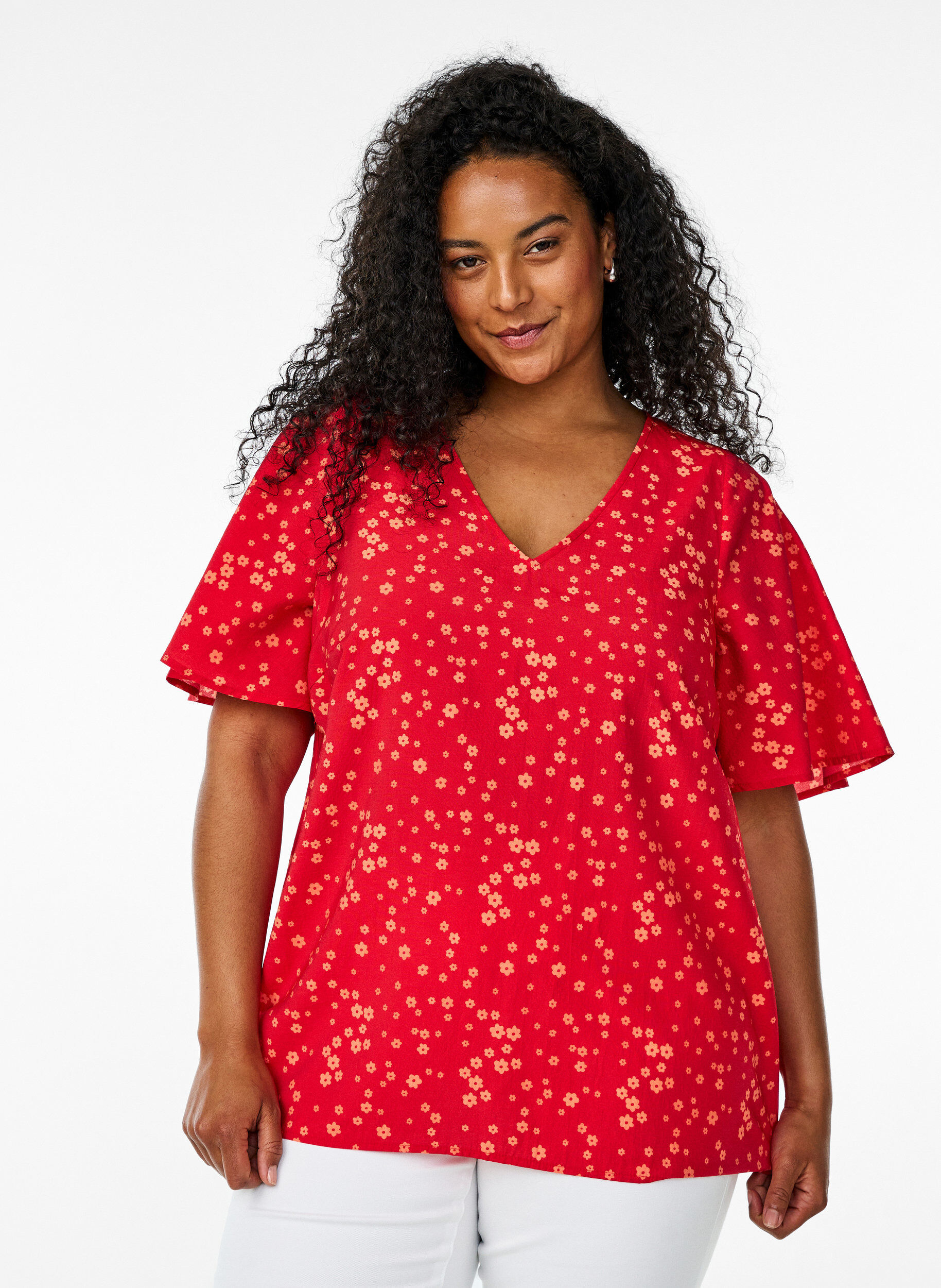 ZizziBlouse met vleermuismouwen en bloemen, Rood, Model image number 0