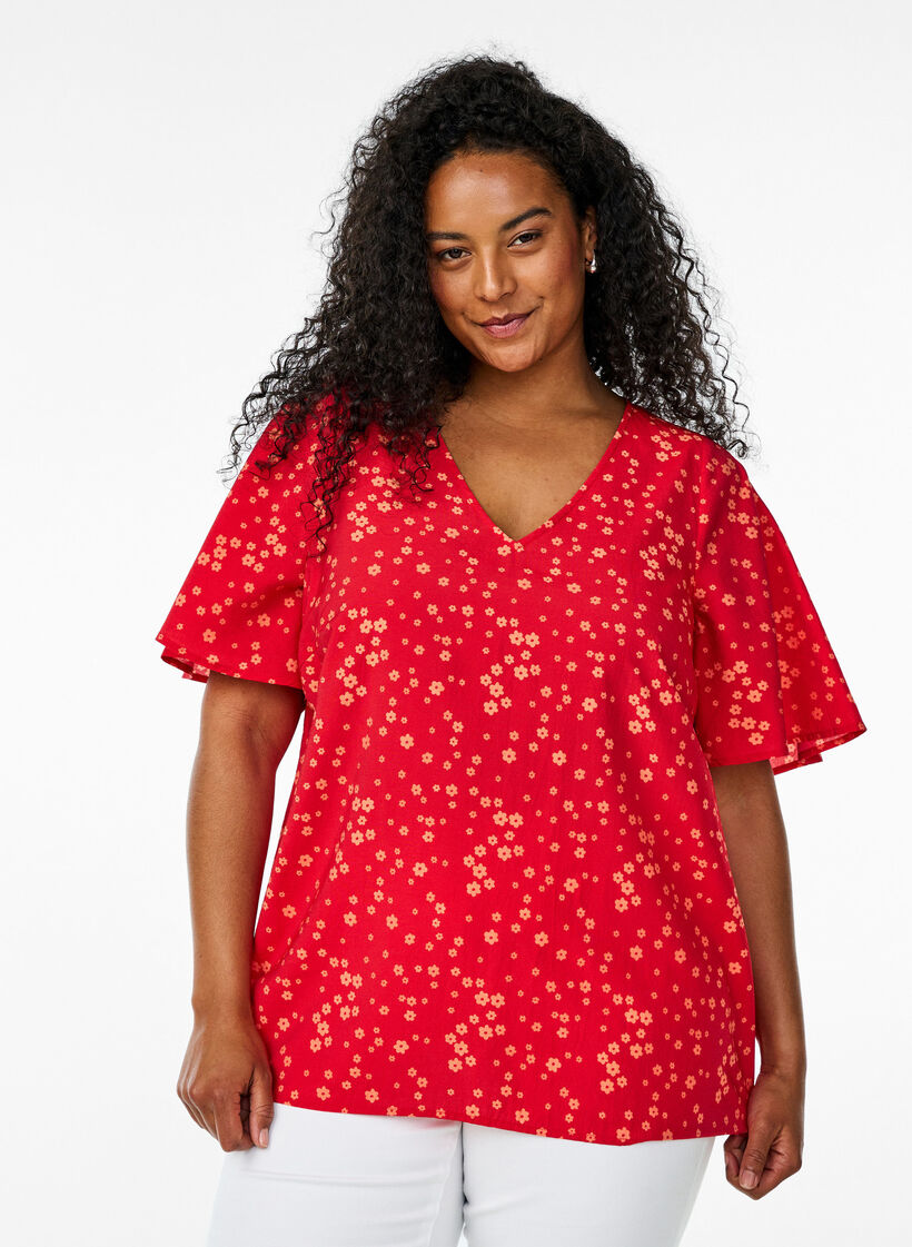 Blouse met vleermuismouwen en bloemen, Rood, Model image number 0