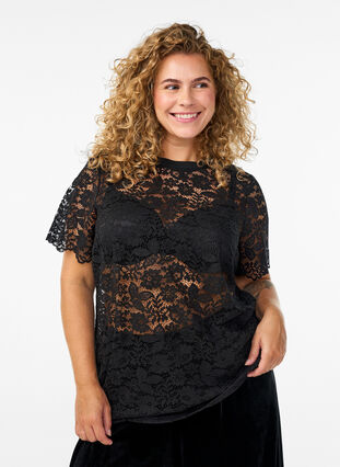 ZizziKanten blouse met korte mouwen en ronde hals, Zwart, Model image number 0