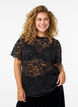 Kanten blouse met korte mouwen en ronde hals, Zwart, Model image number 0