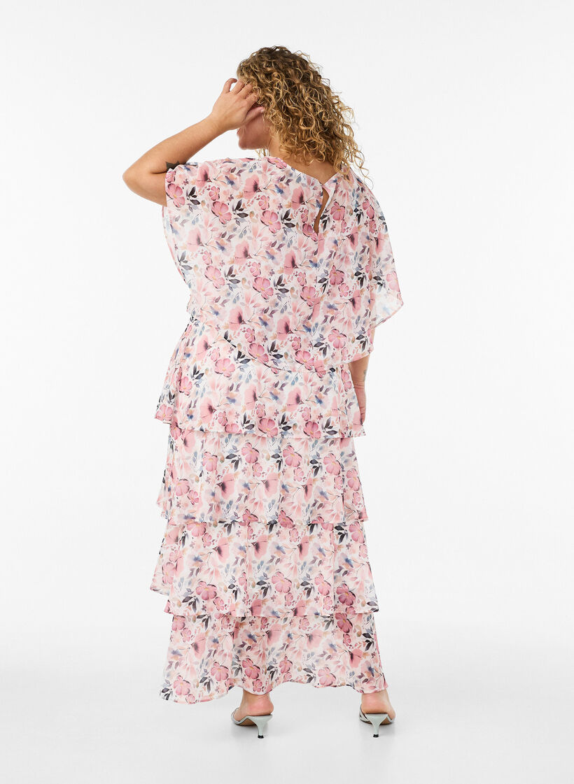 Maxi jurk met ruches en afneembare cape, Wit, Model image number 2