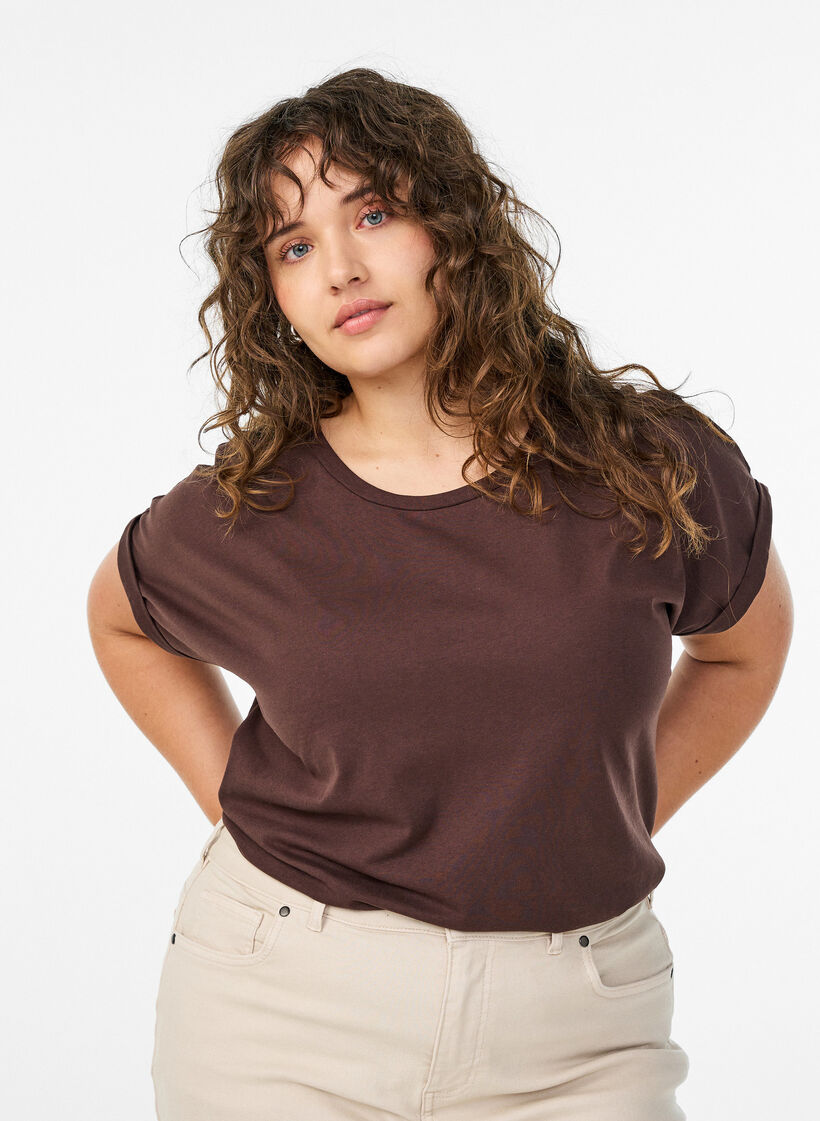 T-shirt met korte mouwen van katoenmix, Bruin, Model image number 0