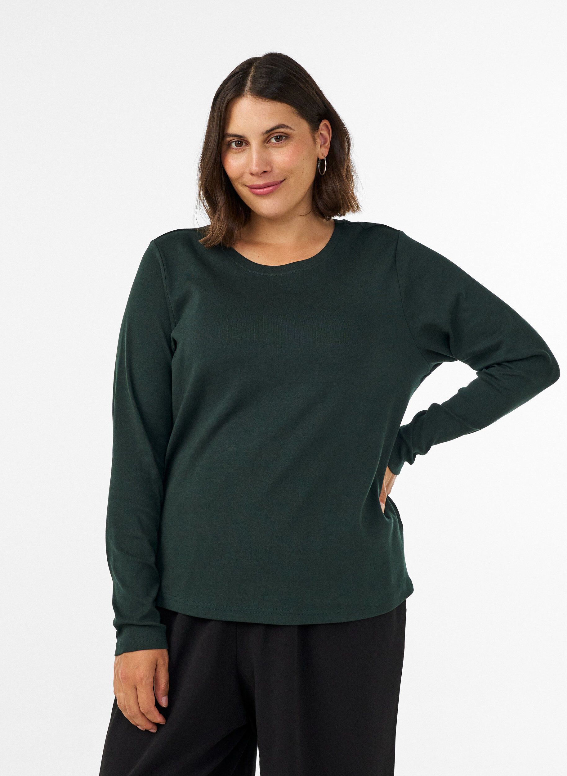 ZizziBasic T-shirt met lange mouwen en ronde hals, Groen, Model image number 0