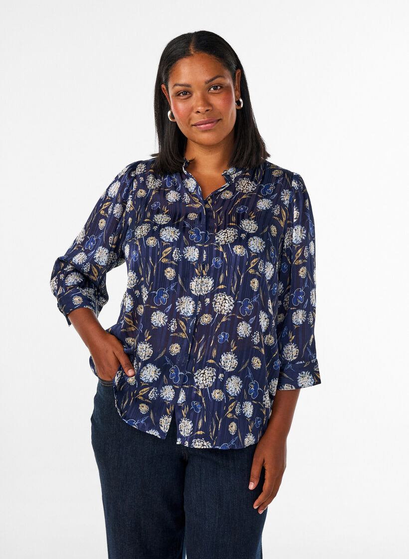 Blouse met patroon, opstaande kraag en 3/4-mouwen, Blauw, Model image number 0