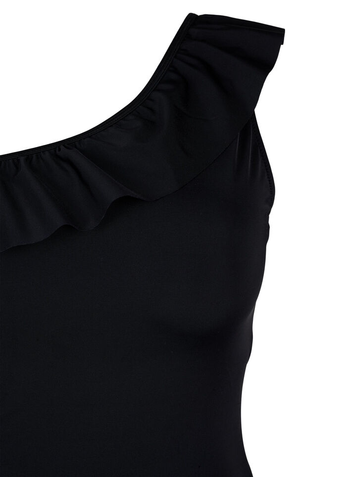 Een schouderbadpak met ruffle, Black, Packshot