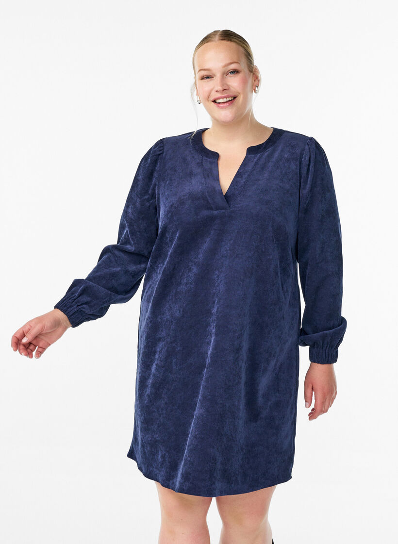 Korte fluwelen jurk met lange mouwen, Peacoat, Model