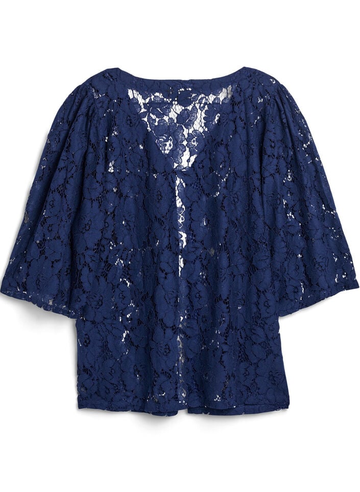 Kanten blouse met 3/4 mouwen en strikjes aan de voorkant, Black Iris, Packshot