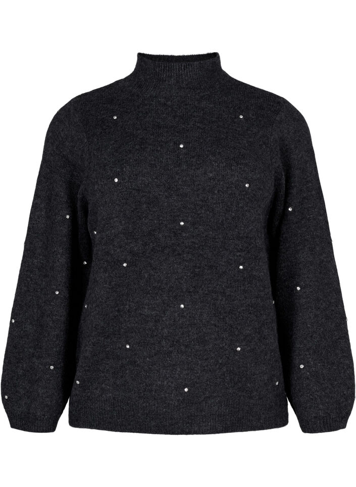 Gebreide blouse met bergkristallen en een hoge halslijn, Dark Grey Melange, Packshot
