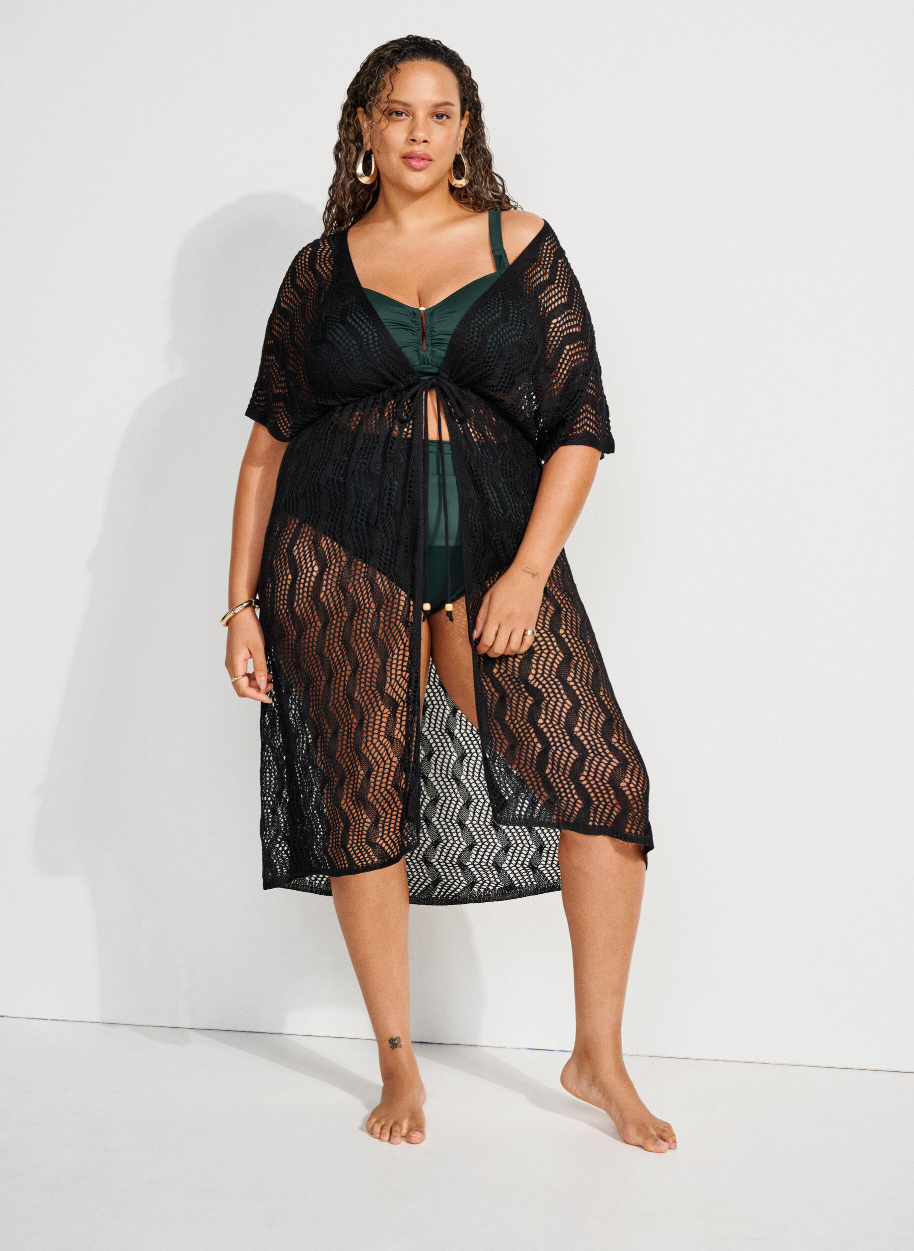 ZizziStrand kimono met strikceintuur, Zwart, Image image number 0