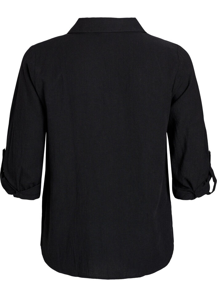 Linnen en viscose shirt met 3/4 mouwen, Zwart, Packshot image number 1