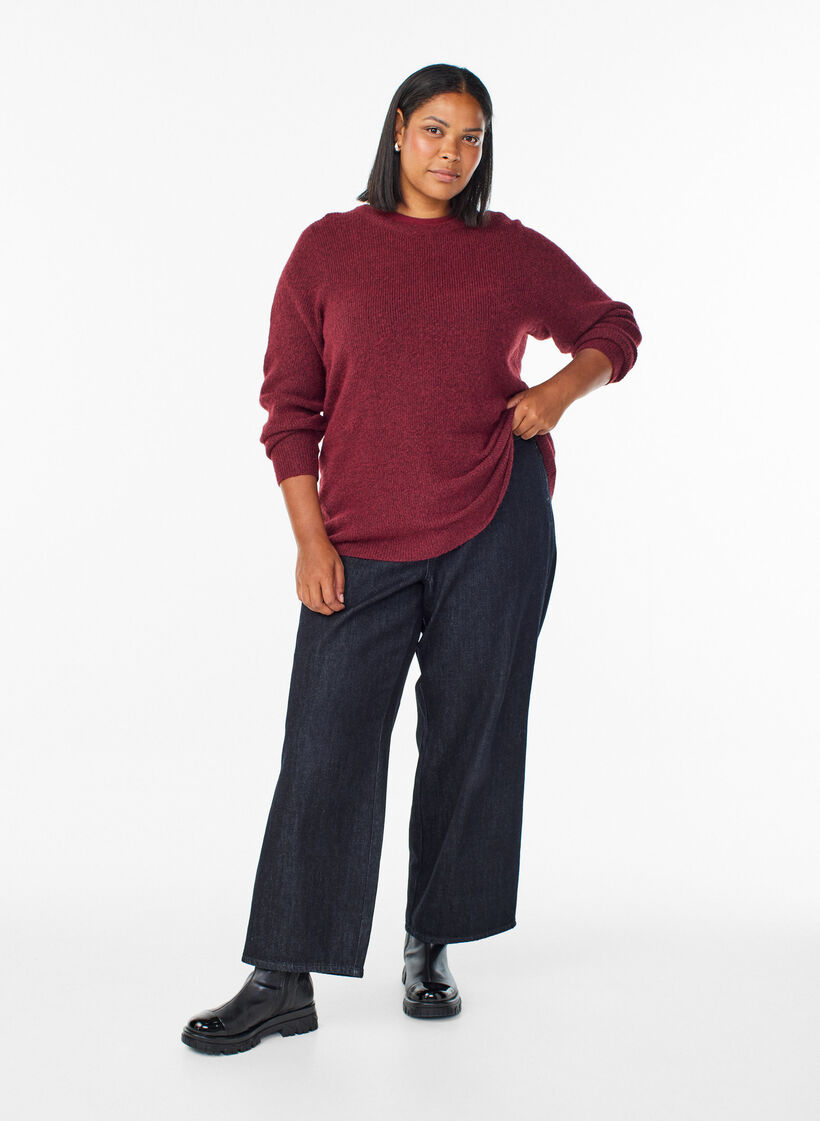 Gem&ecirc;leerde gebreide blouse met ronde hals, Rood, Model image number 1