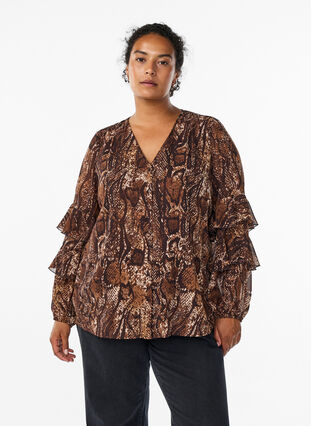 ZizziBlouse met dierenprint en ruches, Brown Snake AOP, Model image number 0