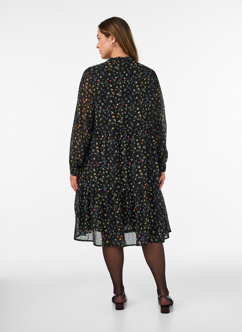 Jurk met all-overprint en een volantlaag, Zwart, Model image number 1