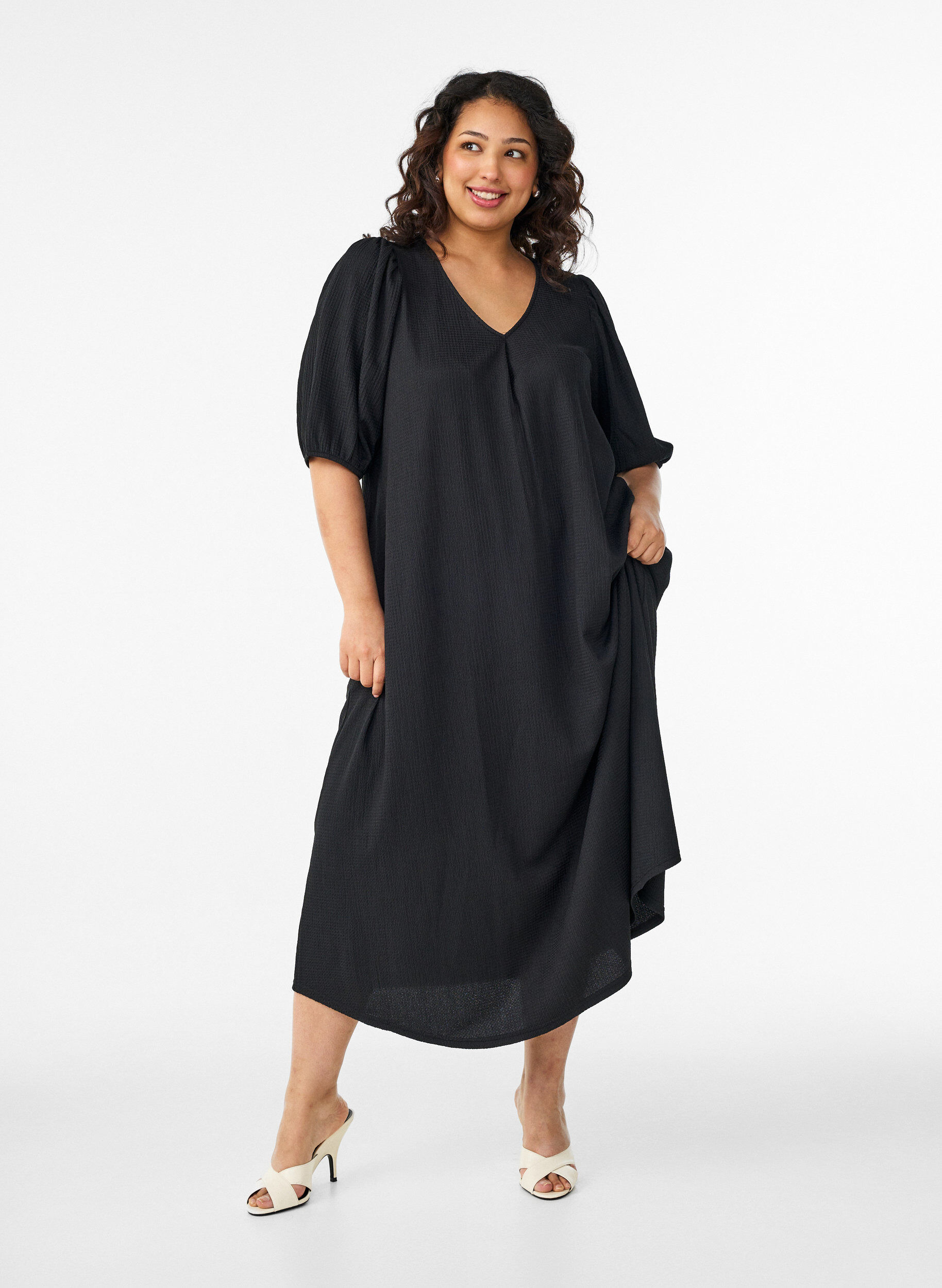 Midijurk met V-hals en textuur, Zwart, Model