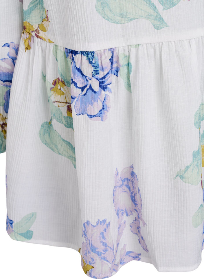 Geplooide tuniek met lange mouwen en bloemenprint, Wit, Packshot image number 3