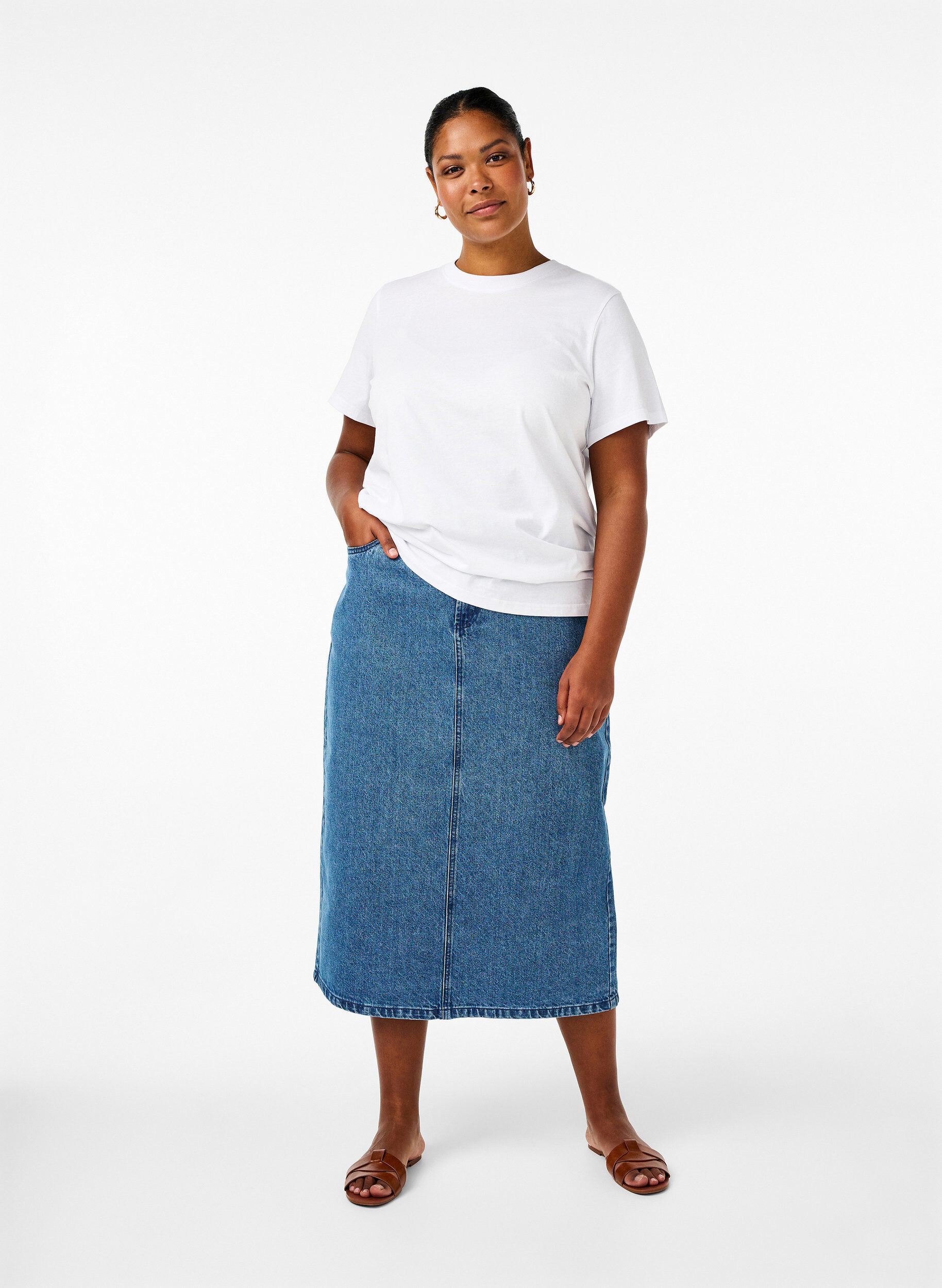 ZizziBasic katoenen T-shirt met ronde hals, Wit, Model image number 1