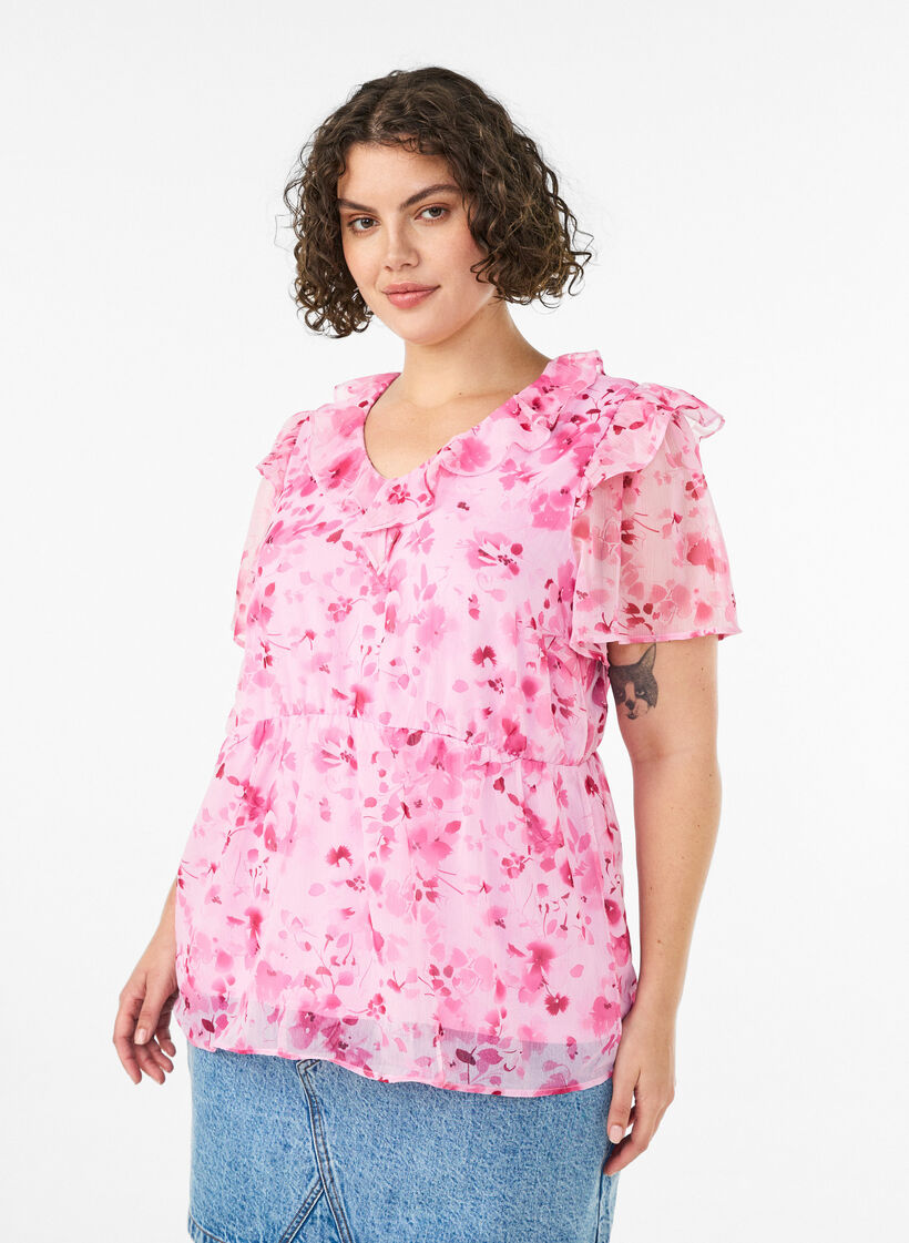 Bloemenblouse met rucheskraag en peplum effect, Roze, Model image number 0