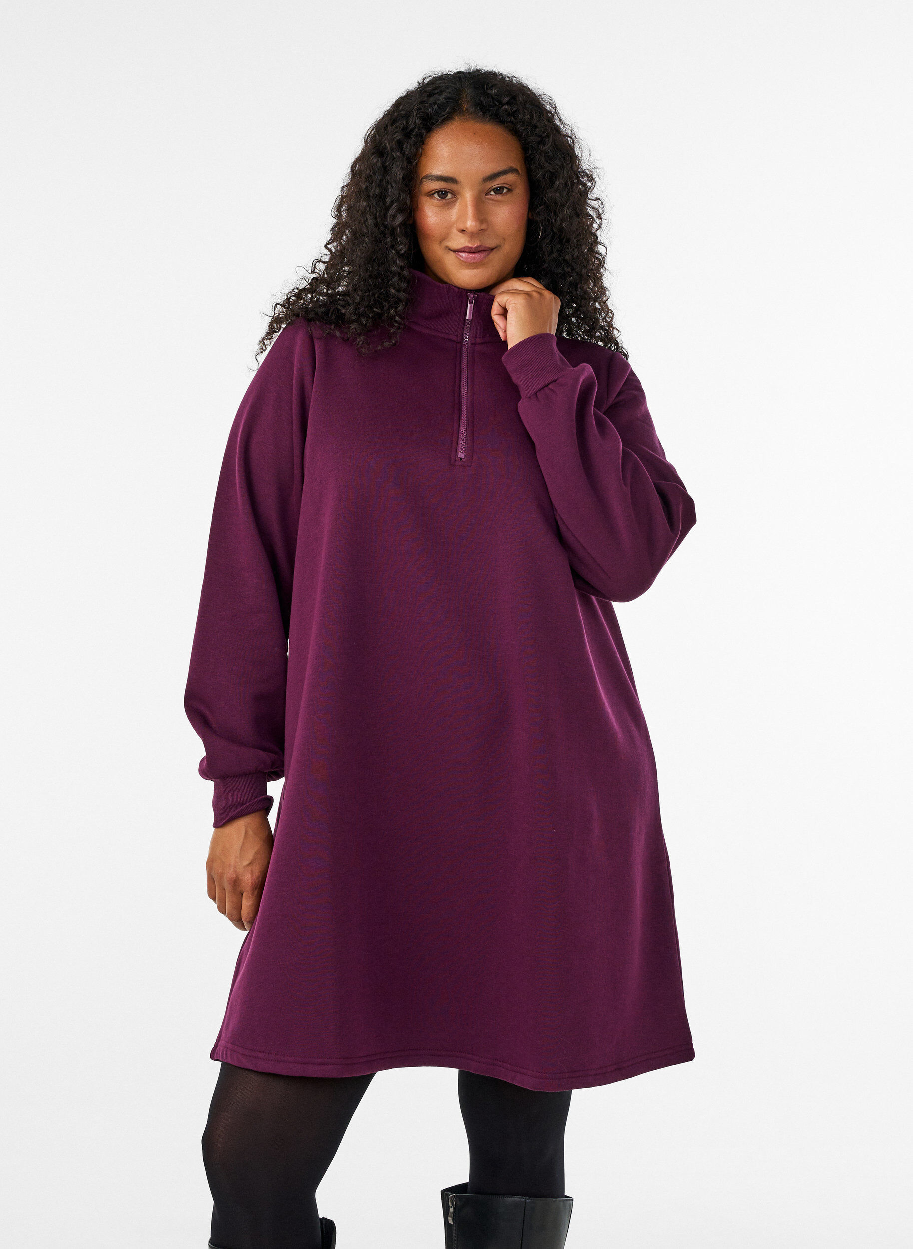Sweatshirtjurk met hoge ribkraag en rits, Paars, Model
