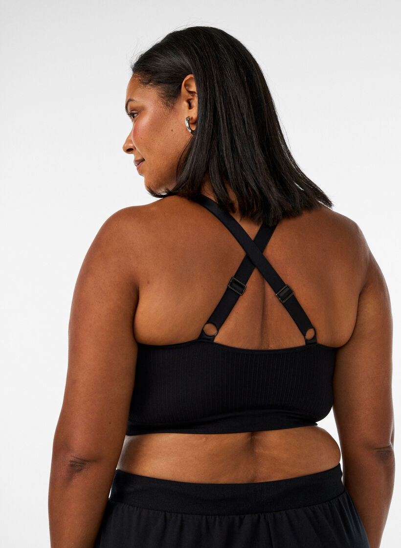 Naadloze geribde sportbeha, Zwart, Model image number 2