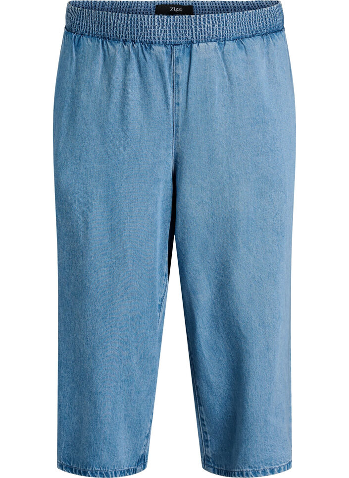 Lyocell culotte broek met wijde pijpen en denimlook, Blauw, Packshot image number 0