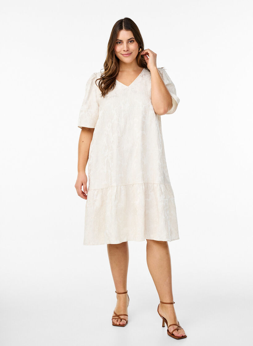 Jacquard jurk tot op de knie met korte mouwen, Whisper White, Model