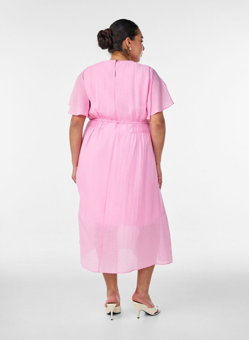 Enkellange jurk met vlindermouwen en strikceintuur, Roze, Model