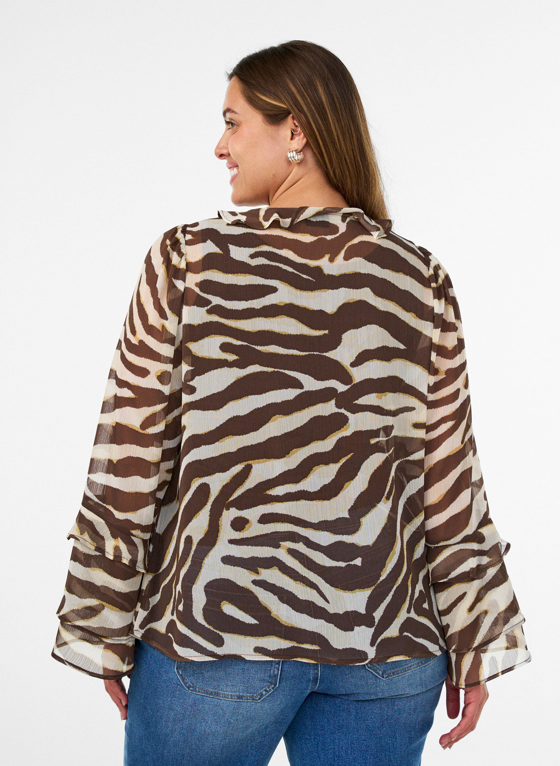 ZizziChiffon blouse met zebraprint en ruches, Bruin, Model image number 2