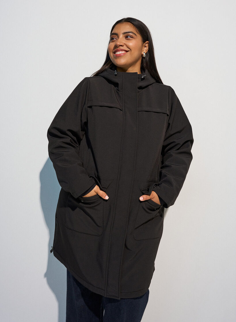 Waterafstotende softshell-jas met gewatteerde voering, Zwart, Model image number 0