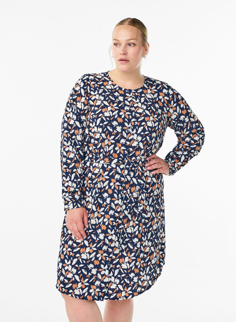 Langärmelige overhemdjurk met strikceintuur, Blauw, Model image number 0