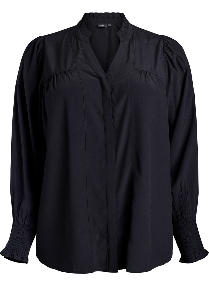 Blouse met ruches kraag en plooien, Zwart, Packshot image number 0