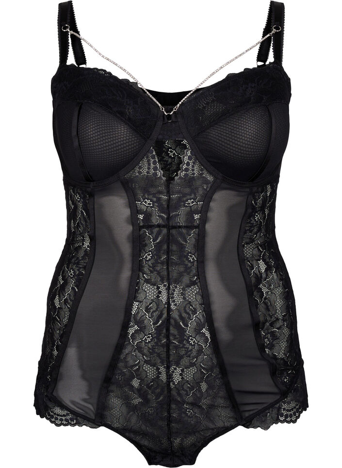 Mesh bodystocking met kant en afneembare ketting, Black, Packshot