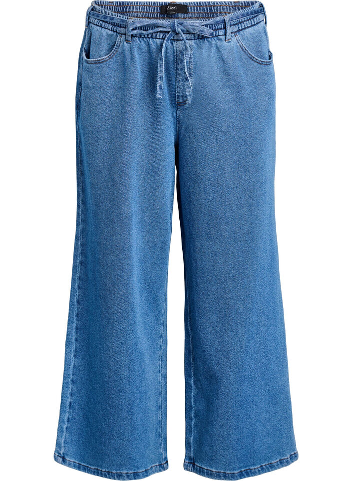 Losse pasvorm jeans met een elastische tailleband en een trekkoord, Blue Denim, Packshot
