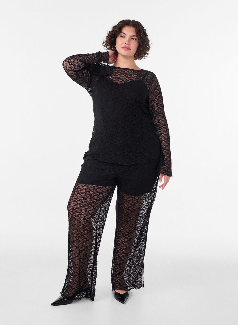 Transparante wijde kanten broek, Zwart, Model image number 0