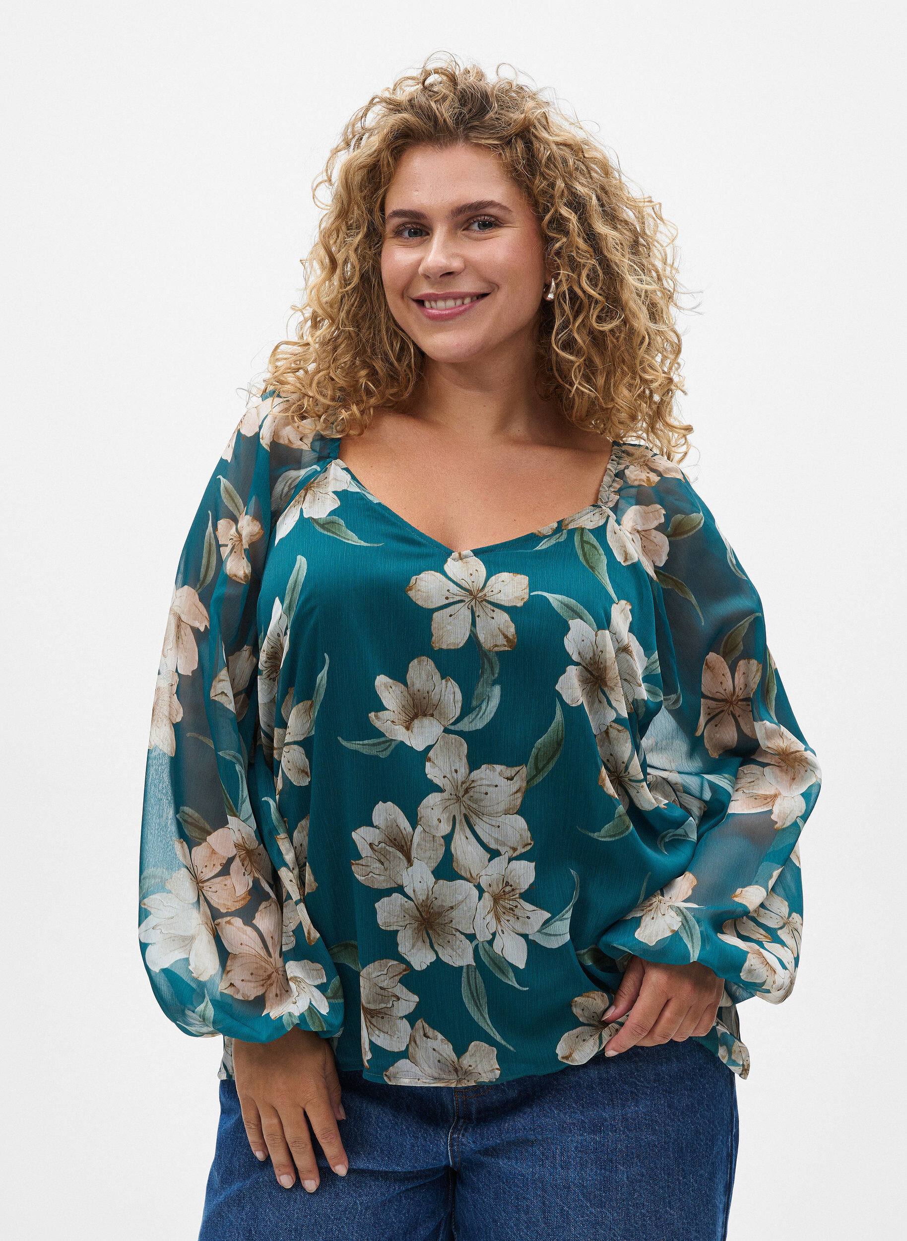 ZizziChiffon blouse met bloemenprint en lange mouwen, Groen, Model image number 0