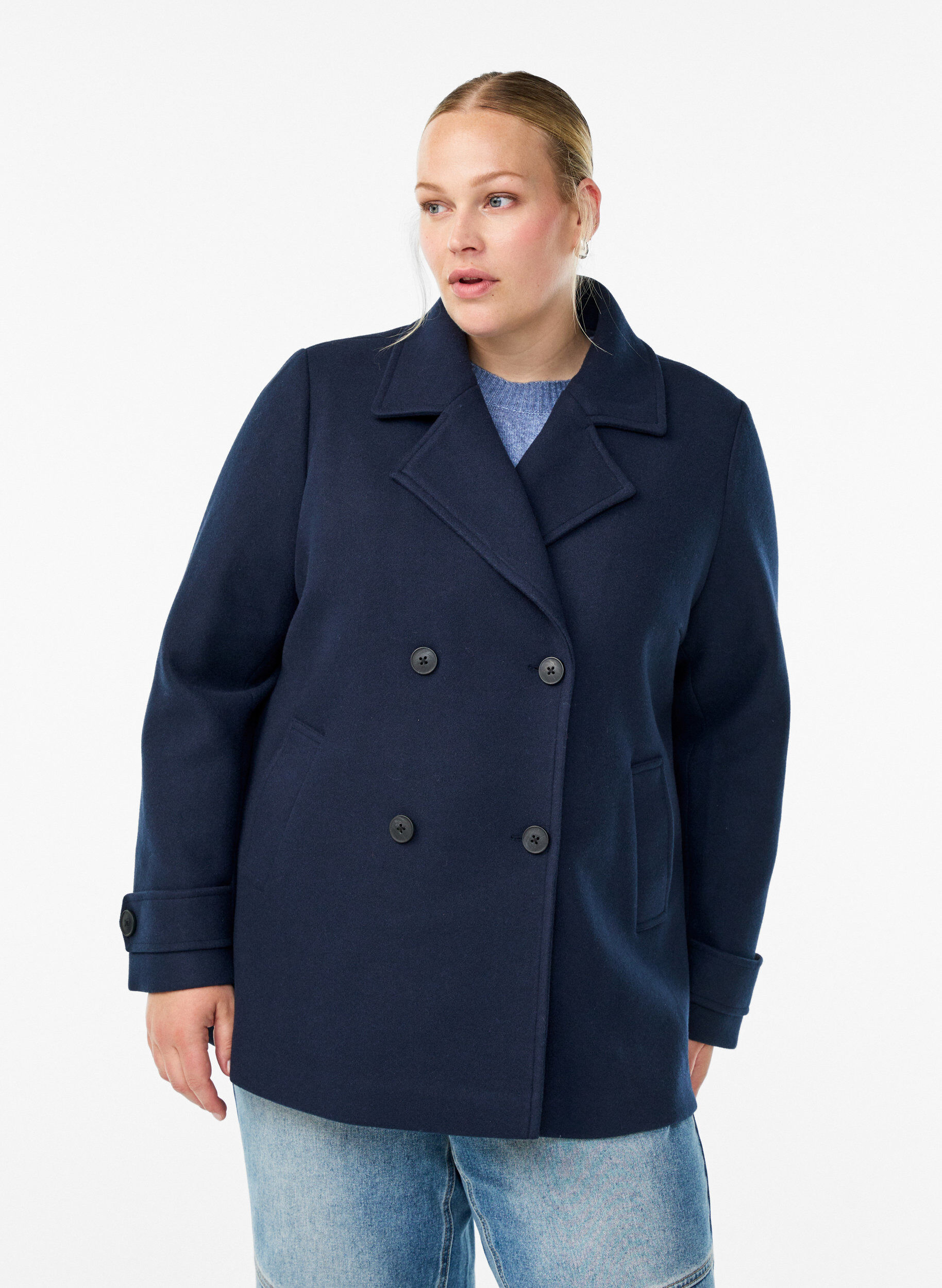 Korte jas met dubbele knoopsluiting, Blauw, Model