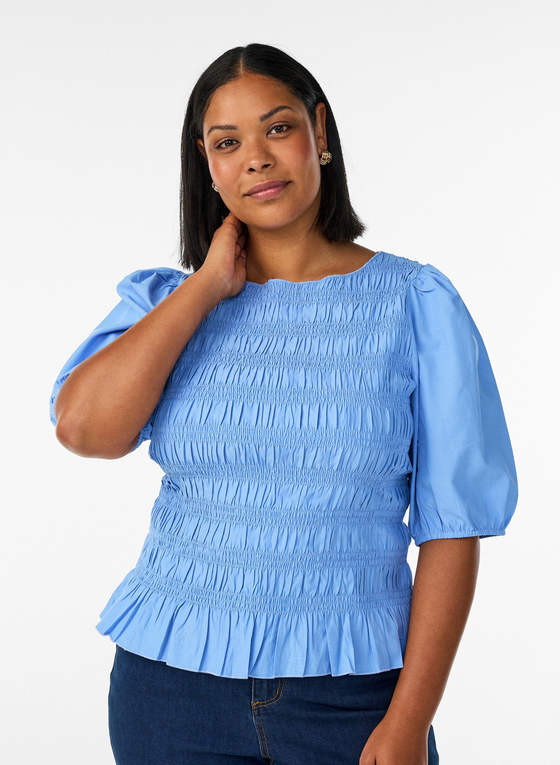 Smock blouse met volantzoom en boothals, Blauw, Model