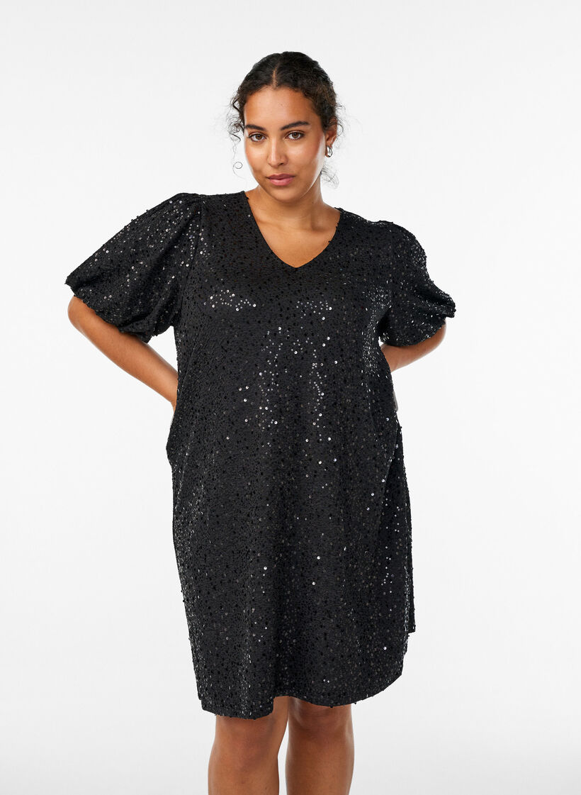 Korte jurk met pailletten en pofmouwen, Zwart, Model image number 0