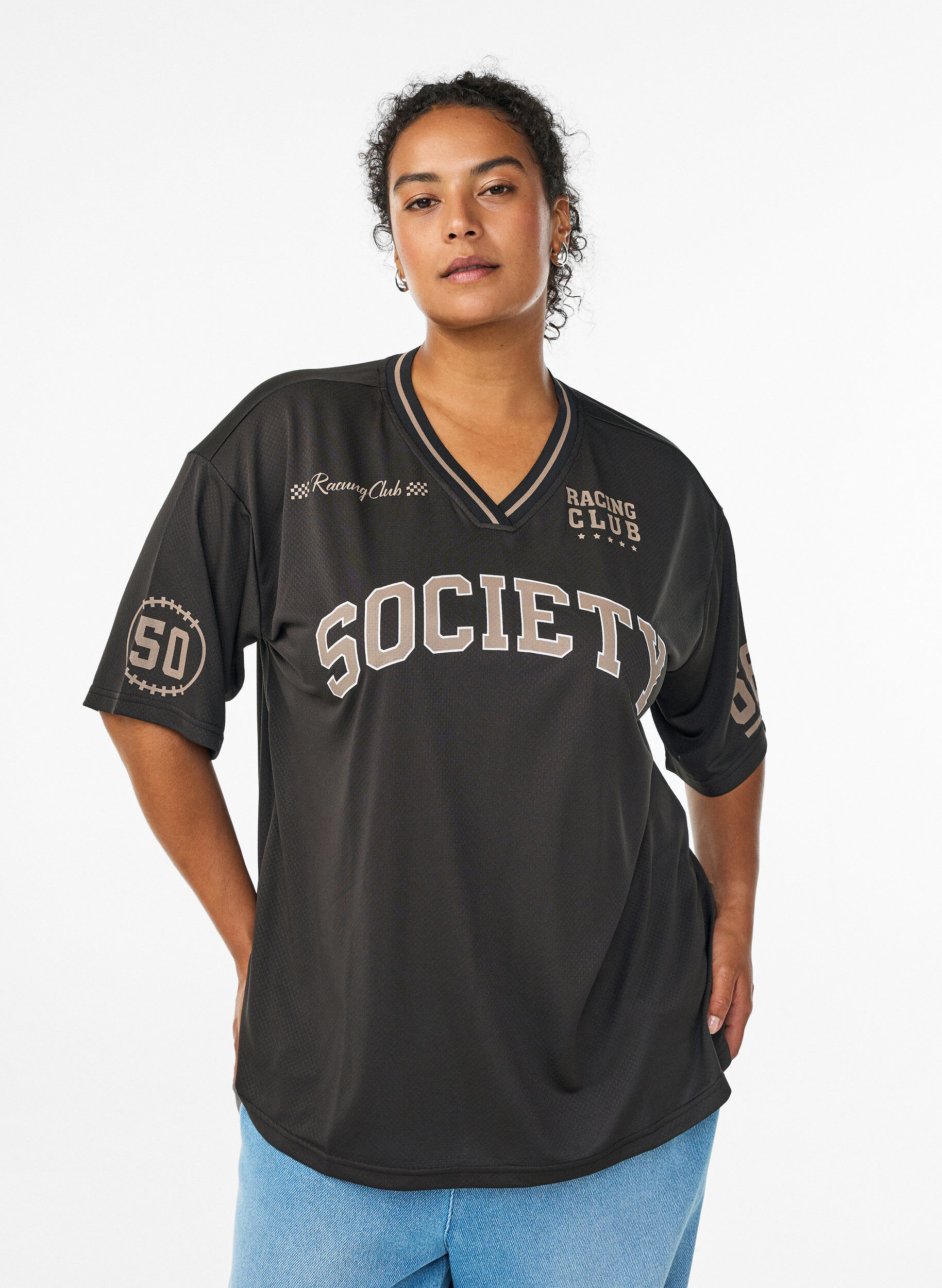 Sportief T-shirt met V-hals en raceprint, Zwart, Model