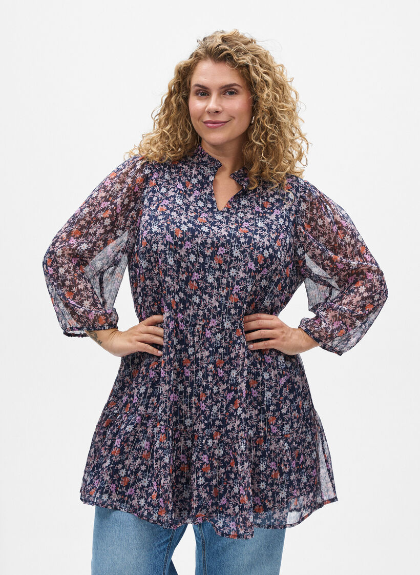 Tunic met bloemenprint en glitterdraden, Navy Flower AOP, Model