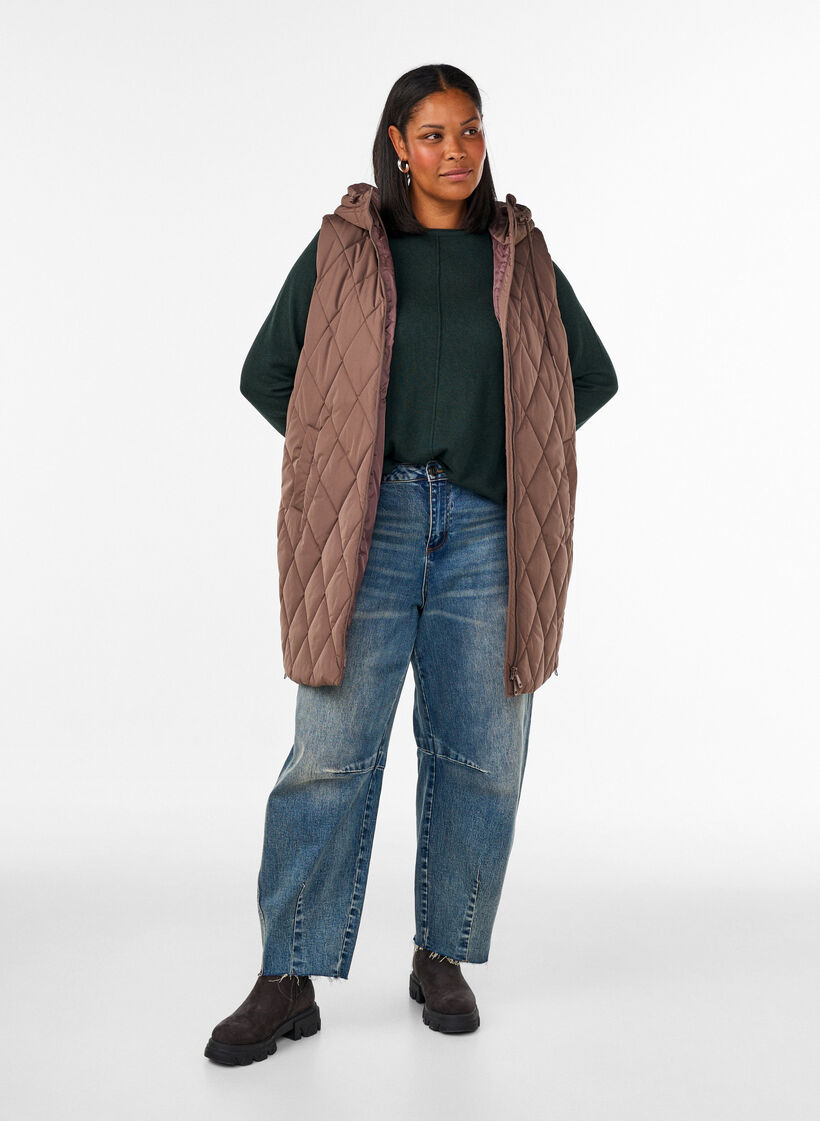 Halflang gewatteerd gilet met capuchon, Bruin, Model image number 1
