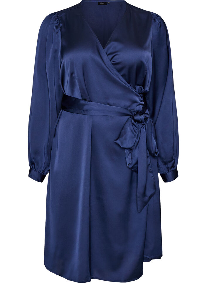 Korte satijnen jurk met wikkeldesign, Blauw, Packshot image number 0