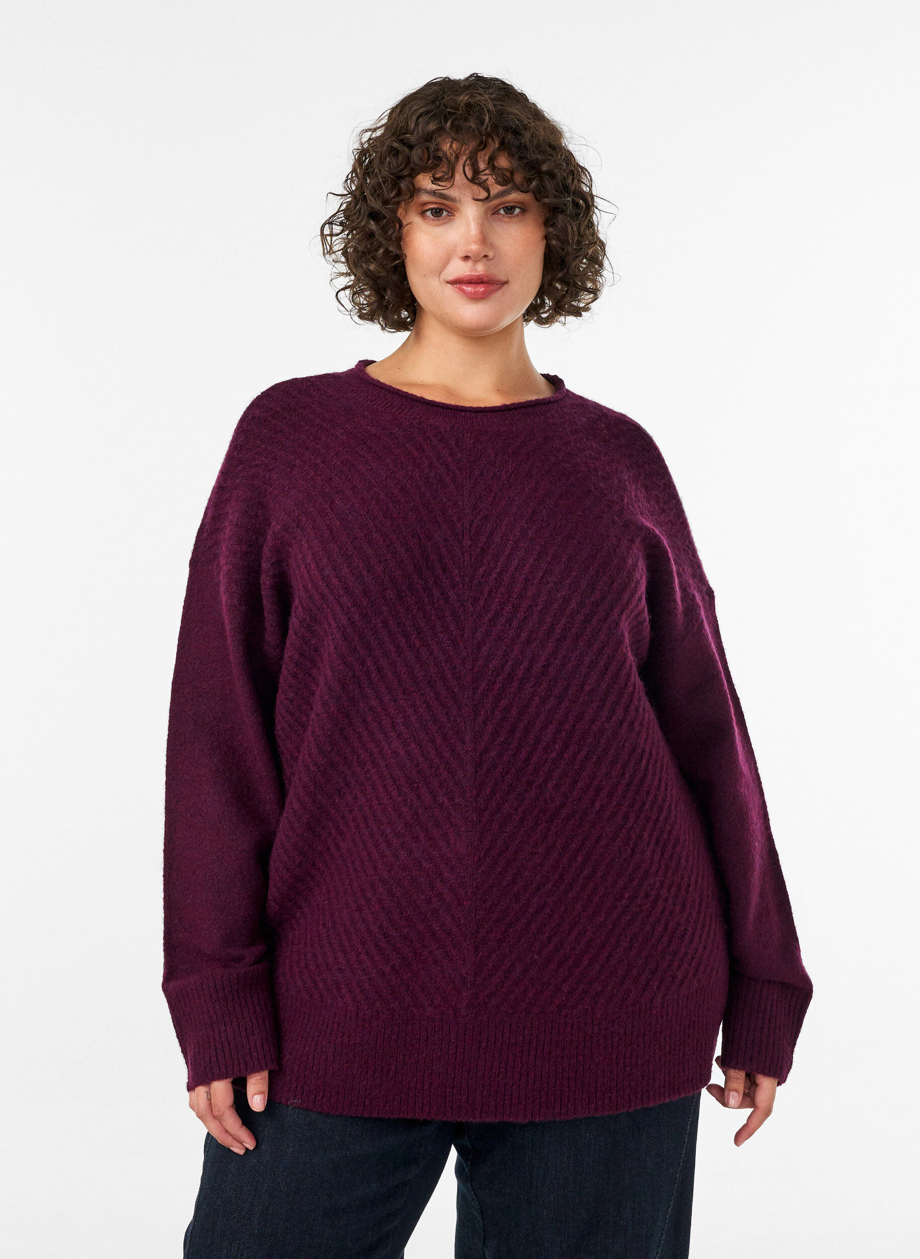 ZizziGebreide blouse met V-vormig geribd patroon en zijsplitjes, Rood, Model image number 0