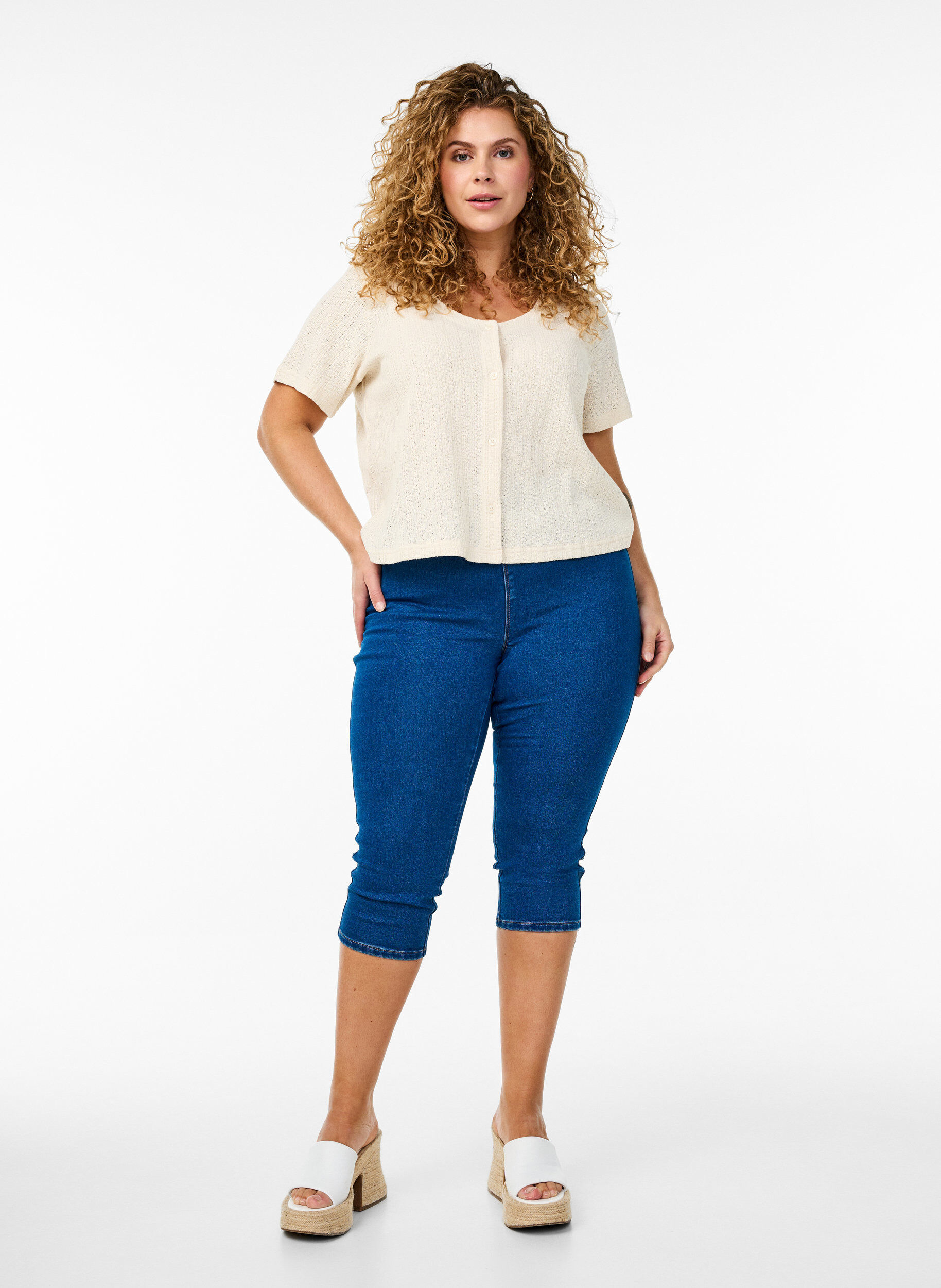 Denim capribroek met elastische tailleband, Blauw, Model