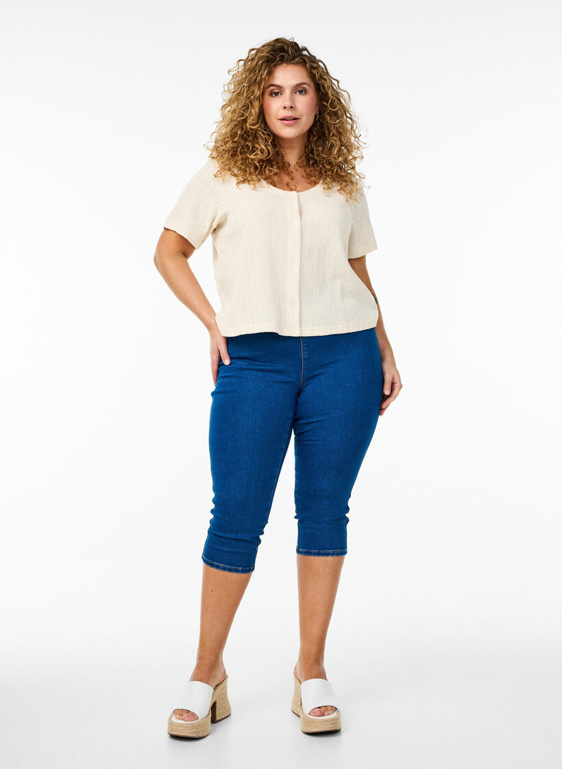 Denim capribroek met elastische tailleband, Dark Blue Denim, Model