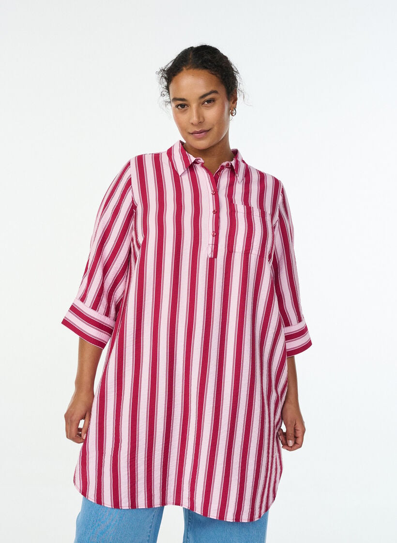 Korte jurk met kraag en borstzak, Roze, Model image number 0