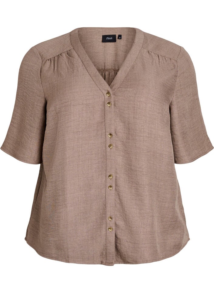 Overhemd blouse met V-hals en korte mouwen, Bruin, Packshot image number 0
