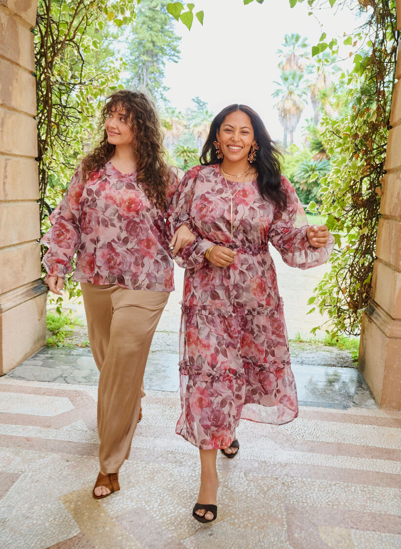 Robe midi &agrave; fleurs avec volants et manches transparentes, Rose, Image