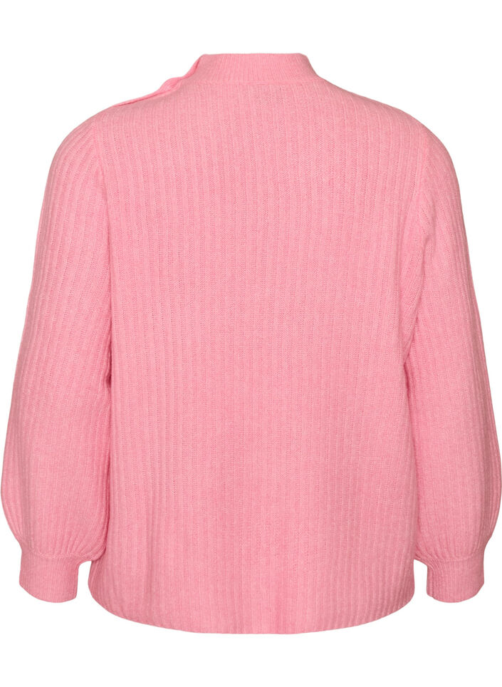 Geribde trui met pofmouwen en knopen, Roze, Packshot image number 1