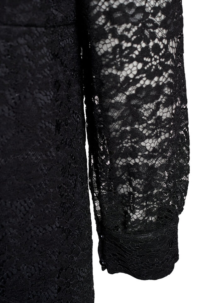 Kanten jurk met lange mouwen en een strikceintuur, Black, Packshot